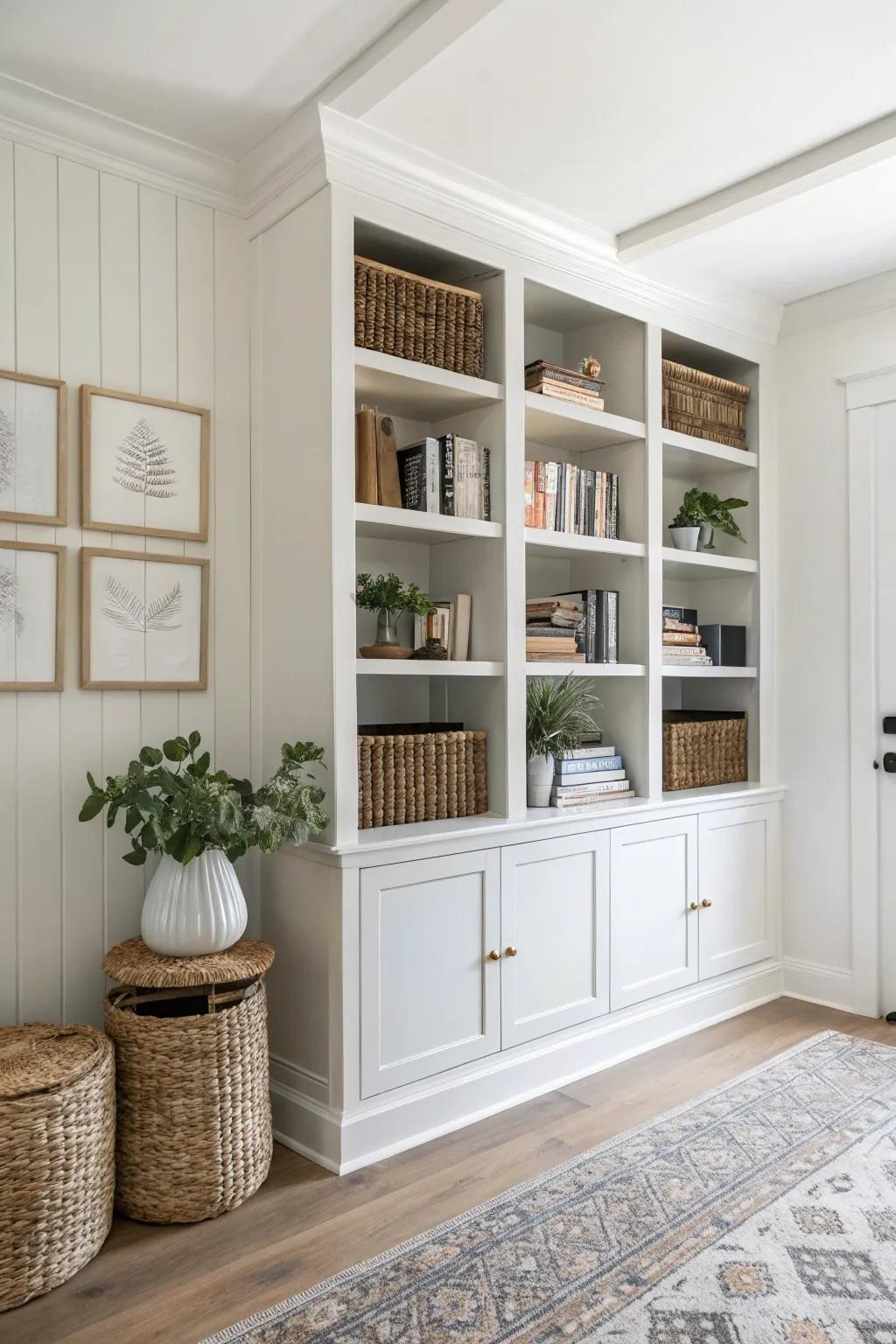 Built-in bookcase wall for homeschool: floor-to-ceiling storage that looks calm, curated, and cozy.