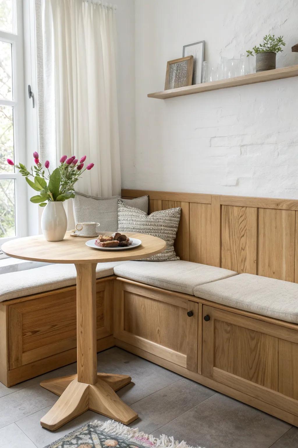 A cozy oak breakfast nook bench that turns your kitchen corner into a daily coffee spot.