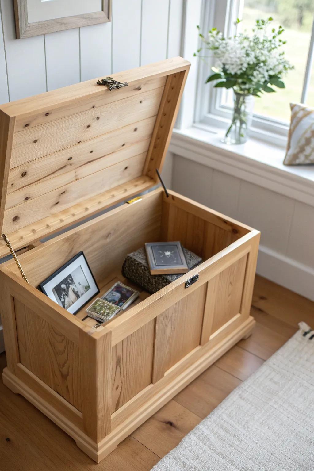 Lift-out tray organizer keeps jewelry and keepsakes easy to find in your hope chest.