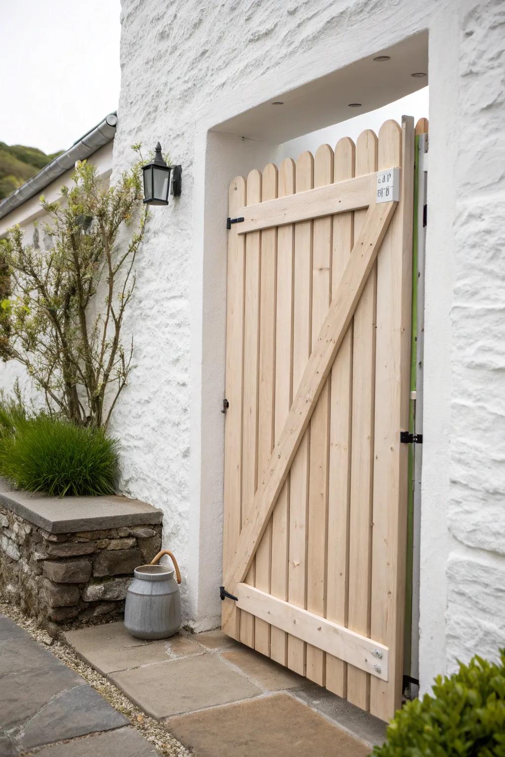 Lightweight gate with cable-tension anti-sag support—minimal wood, crisp lines, zero droop.