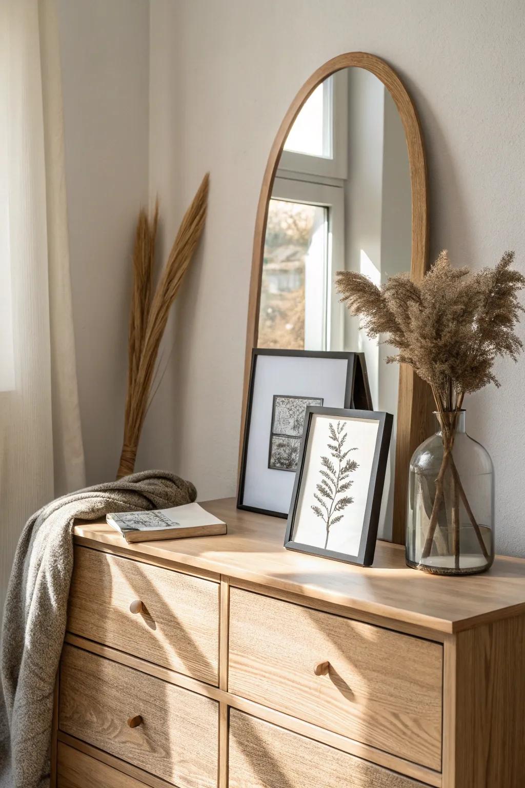 Add depth fast: lean a small oak frame in front of your mirror for an easy, relaxed layer.