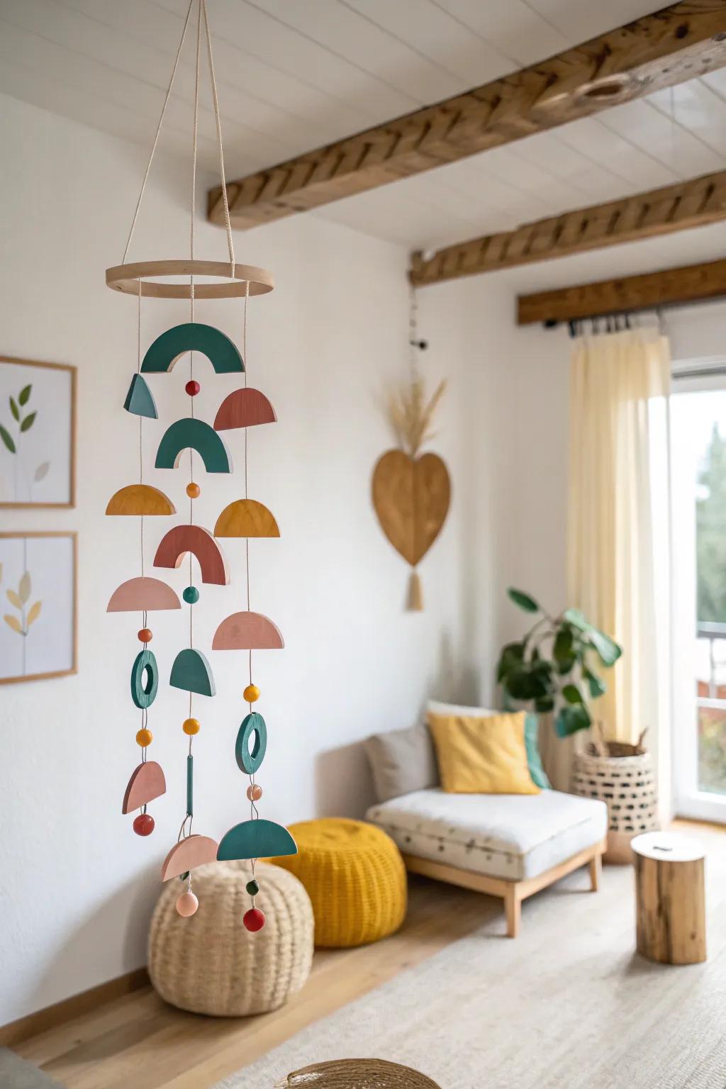 Elevate your space with this captivating abstract art mobile, where vibrant colors meet minimalist design for a touch of boho charm.