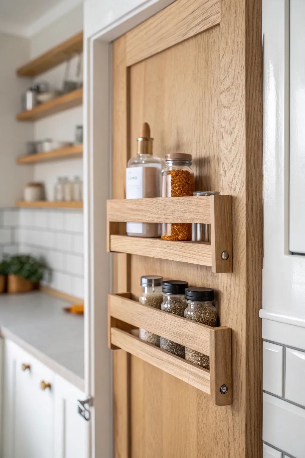 Shallow wooden door racks keep spices visible and free up deep-shelf space in one move.