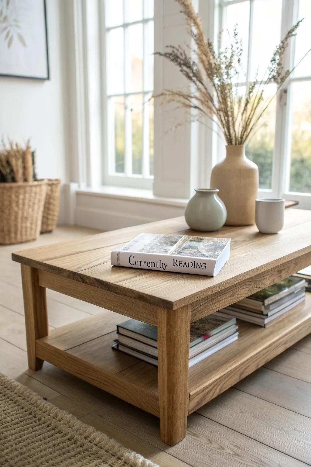 Style a lower-shelf coffee table to keep art books handy and your reading stack tidy.