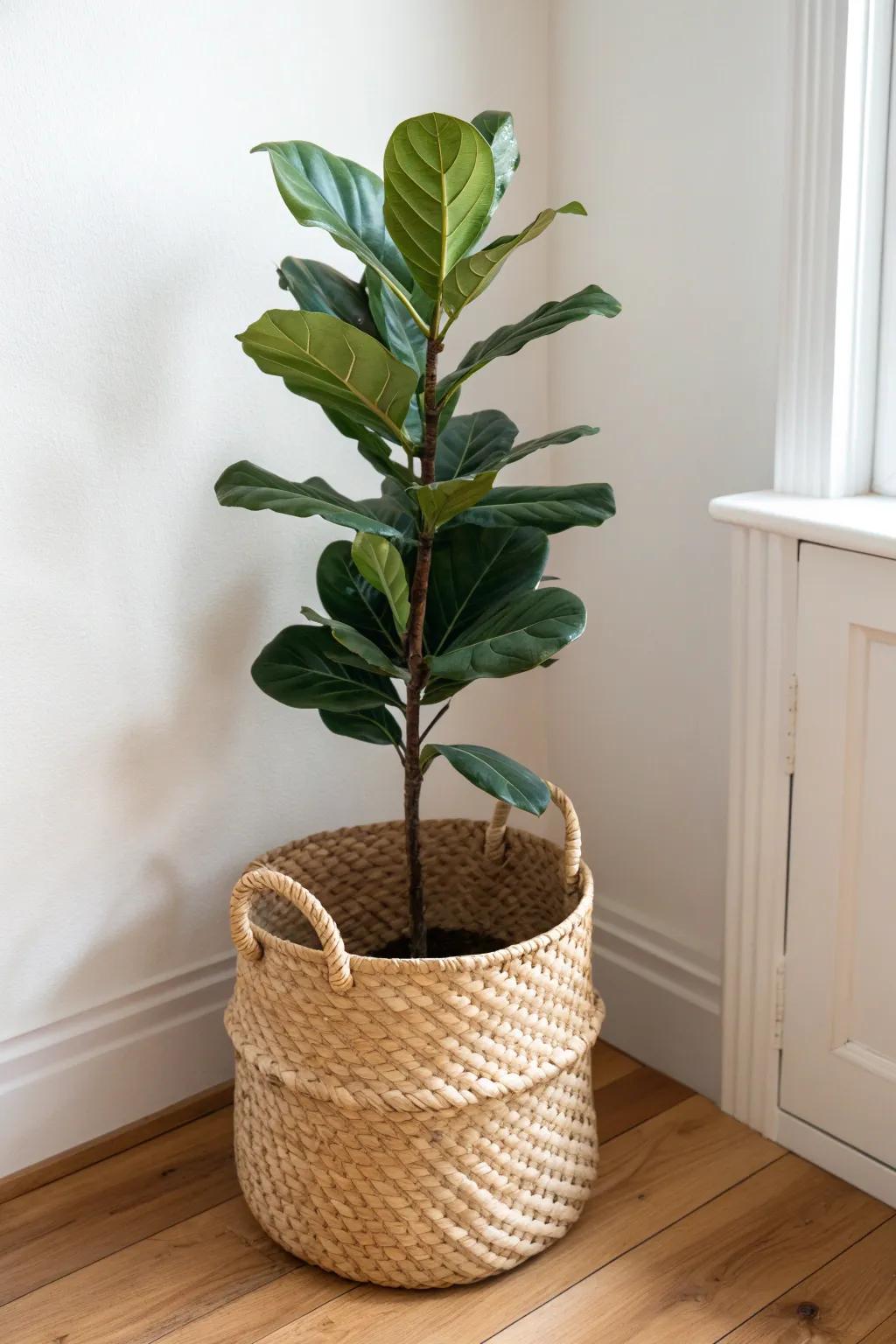 Add hygge instantly: a tall leafy plant in a woven basket softens any minimalist living room.