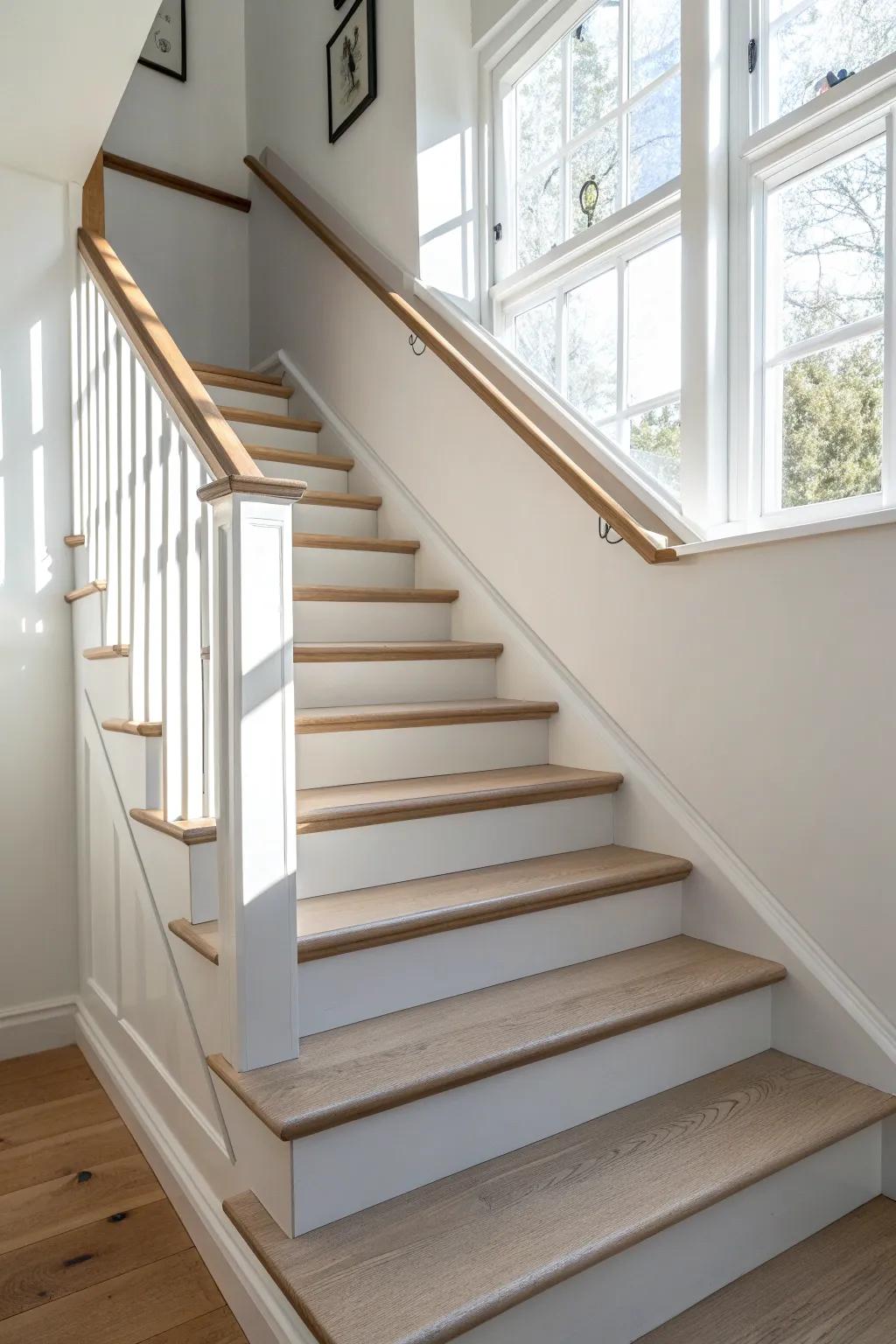 One color, two sheens—matte risers and glossy treads for crisp, monochrome stair style.