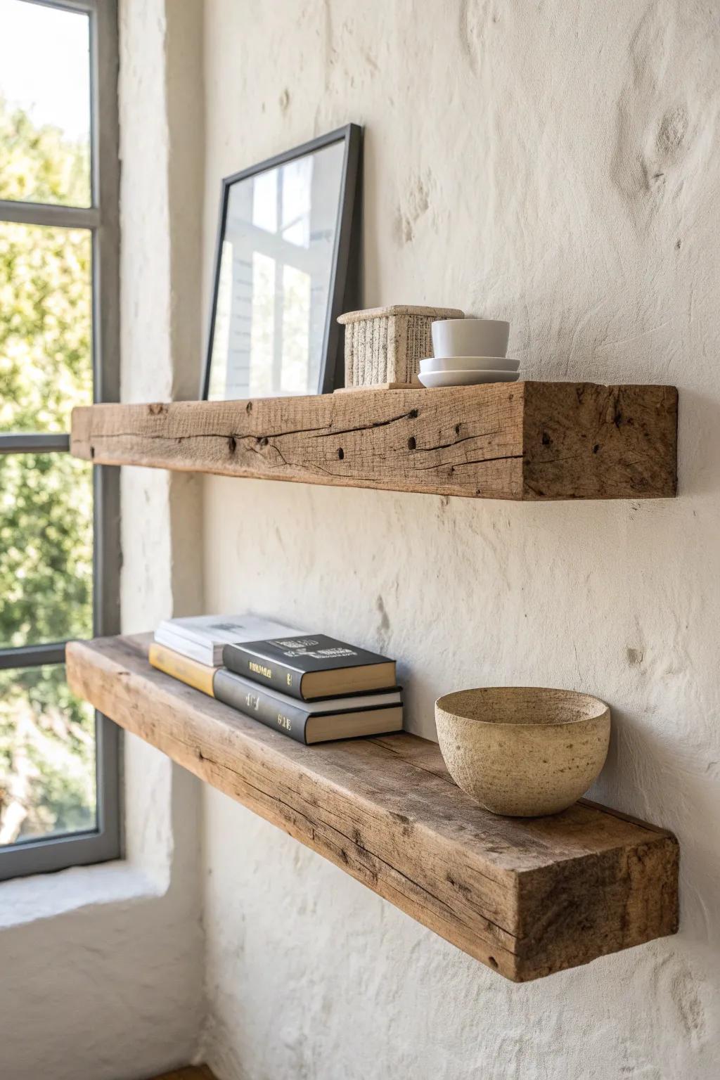 Rustic reclaimed wood shelf—simple styling lets the weathered grain steal the show.