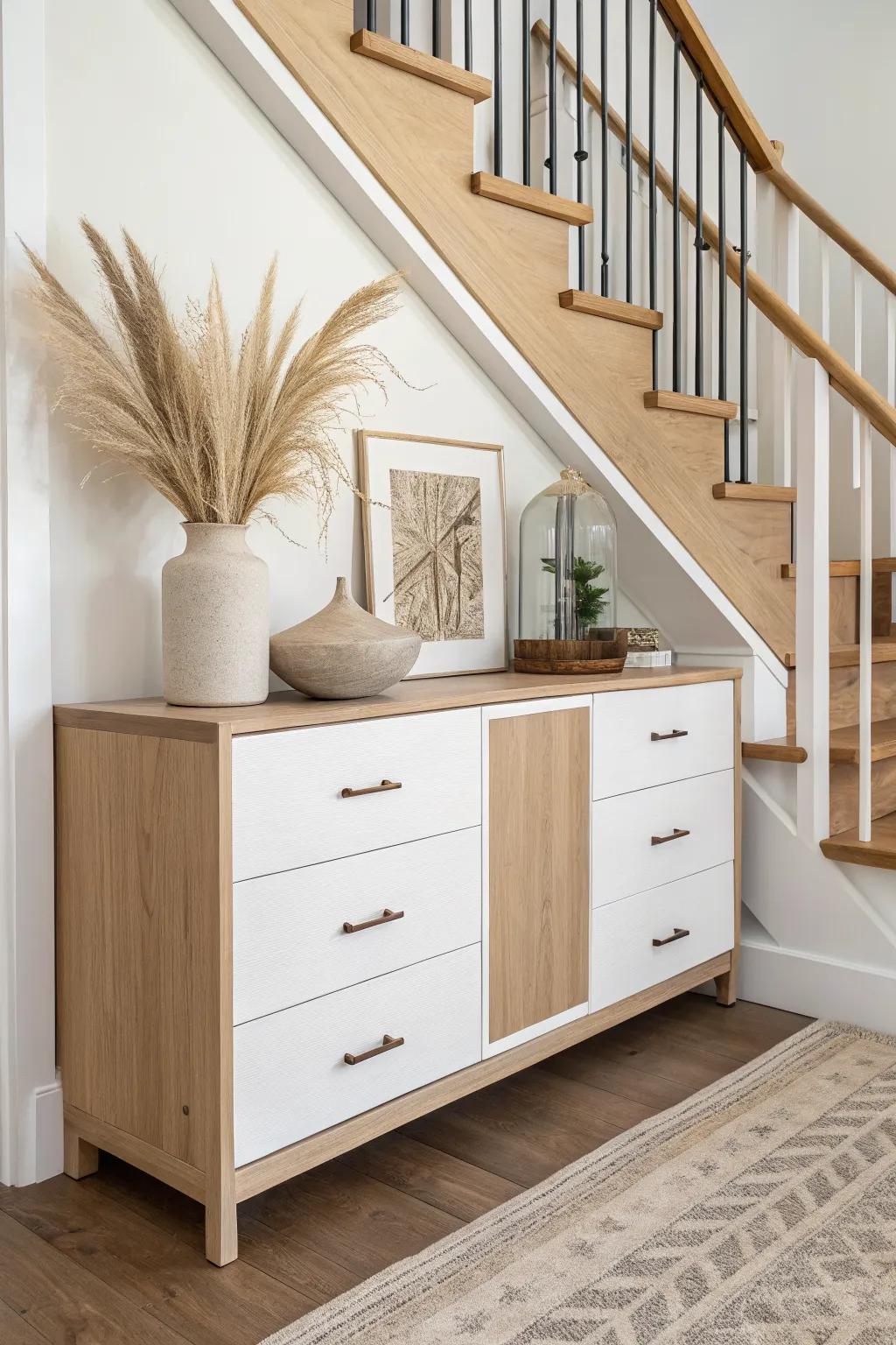 Turn the space under a new straight stair into a built-in cabinet wall that looks like custom furniture.
