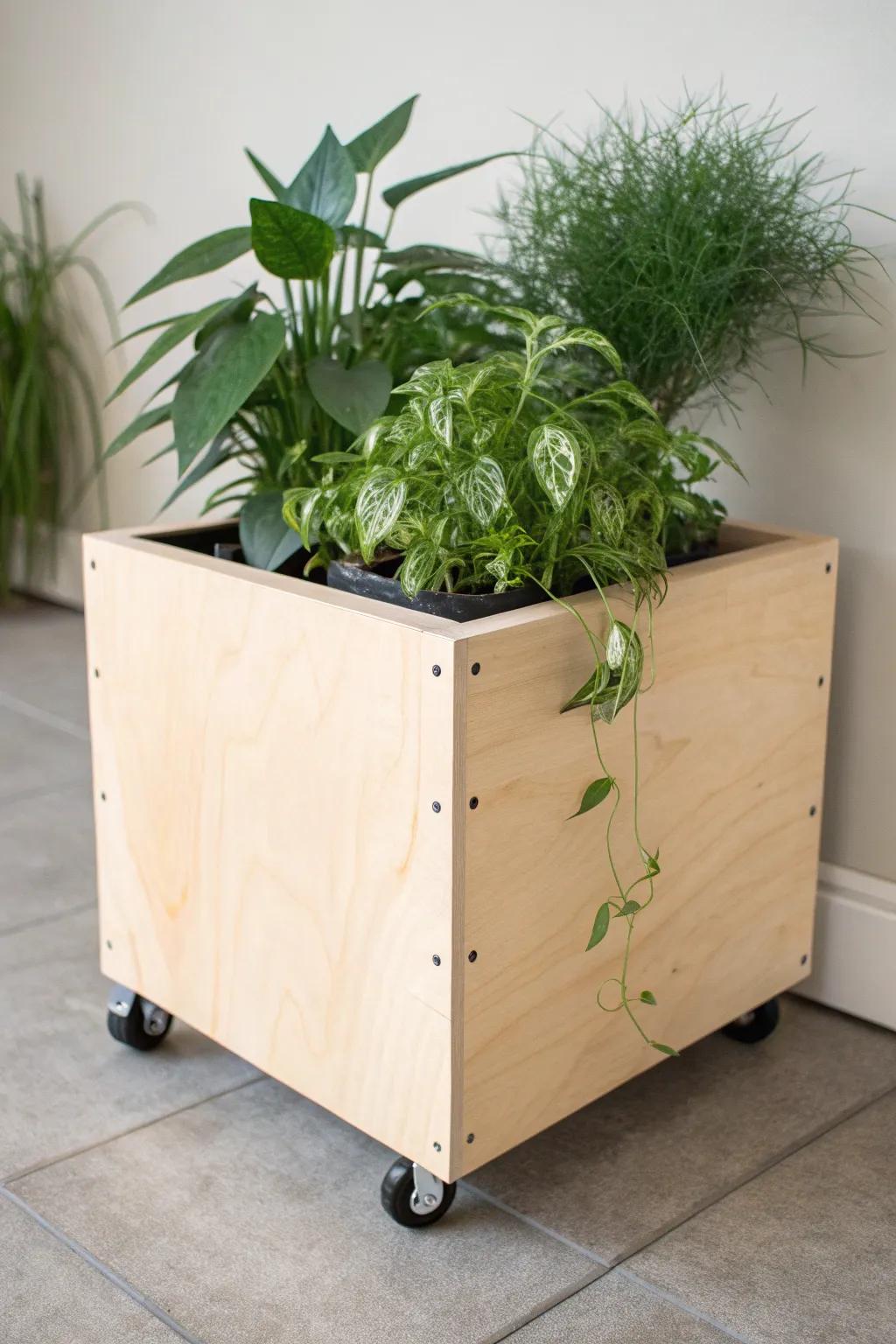 A minimalist birch planter box on locking casters—easy to roll to the best light.