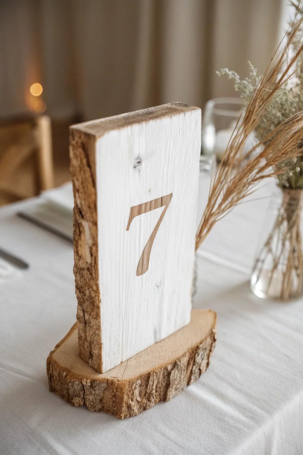 Handmade wooden table numbers: rustic edges, soft white paint, and Scandinavian-boho charm.