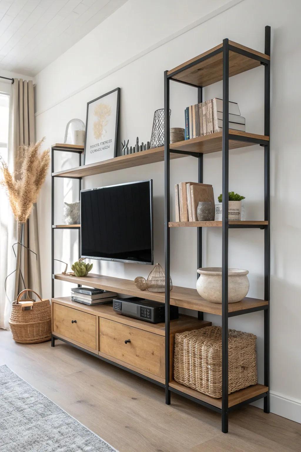 Airy industrial media wall shelving—black steel + oak shelves for a light, styled TV frame.