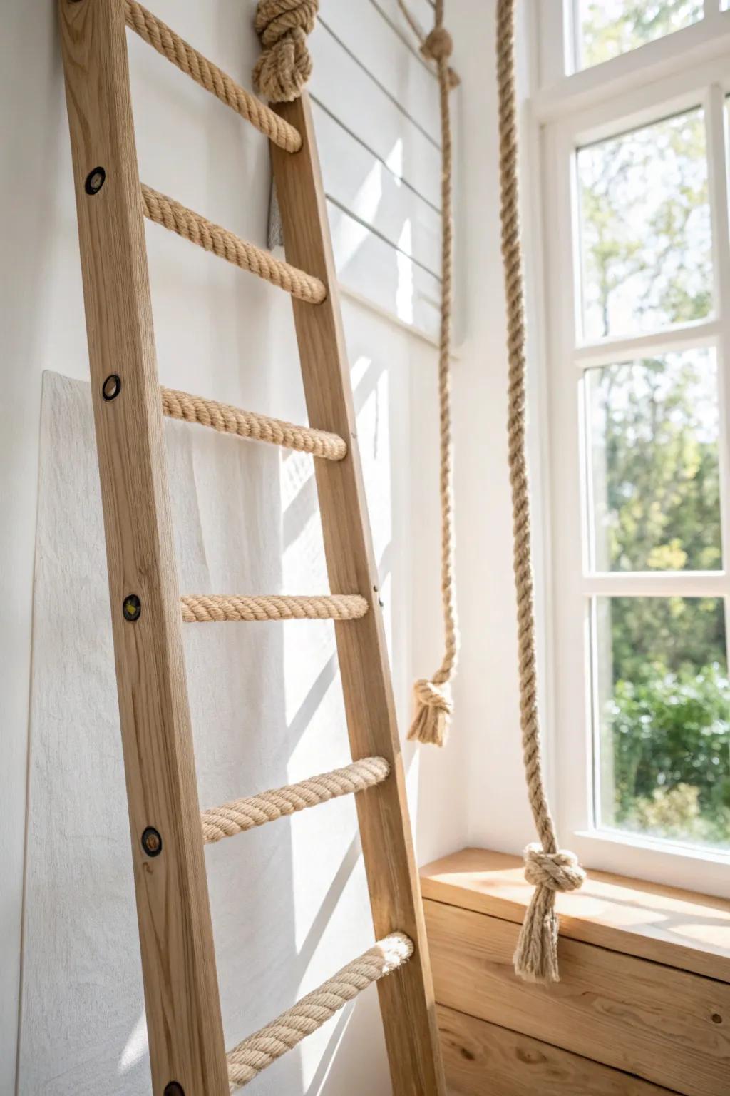 Adventure meets calm: a rope ladder and smooth oak loft gate for a safe, dreamy inside treehouse.
