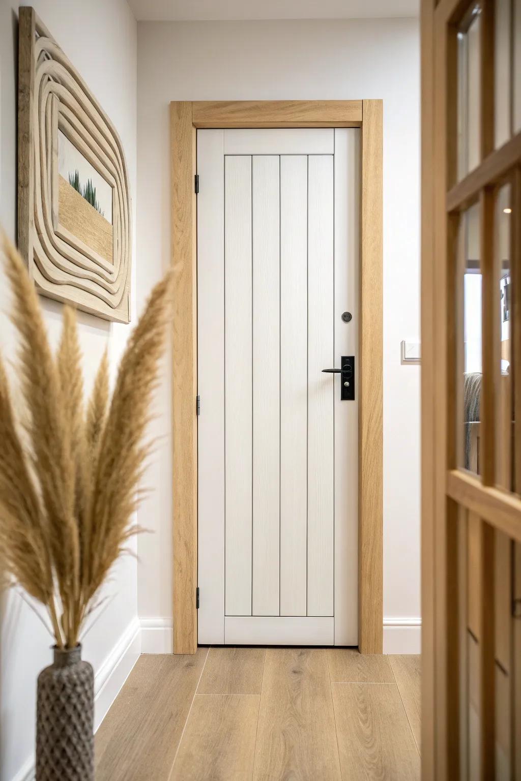 Bifold basement door, elevated with slim oak battens for a clean Scandi-meets-boho look.