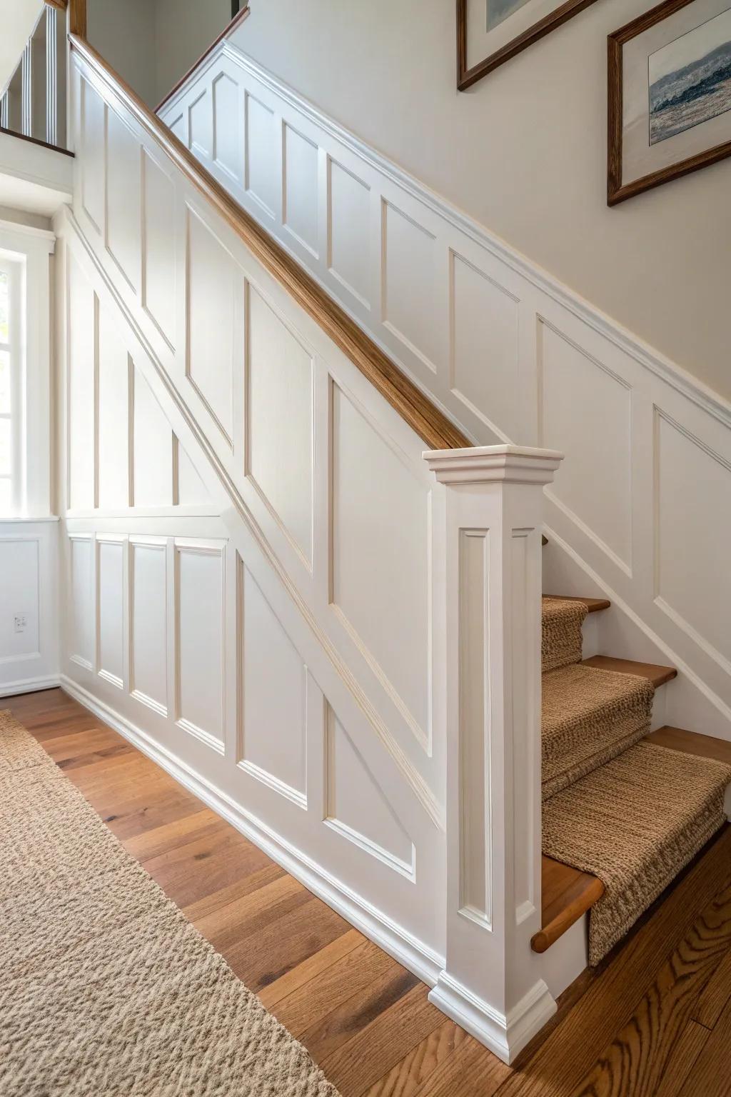 Colonial wainscoting climbing the stairs—timeless trim that protects walls and elevates height.