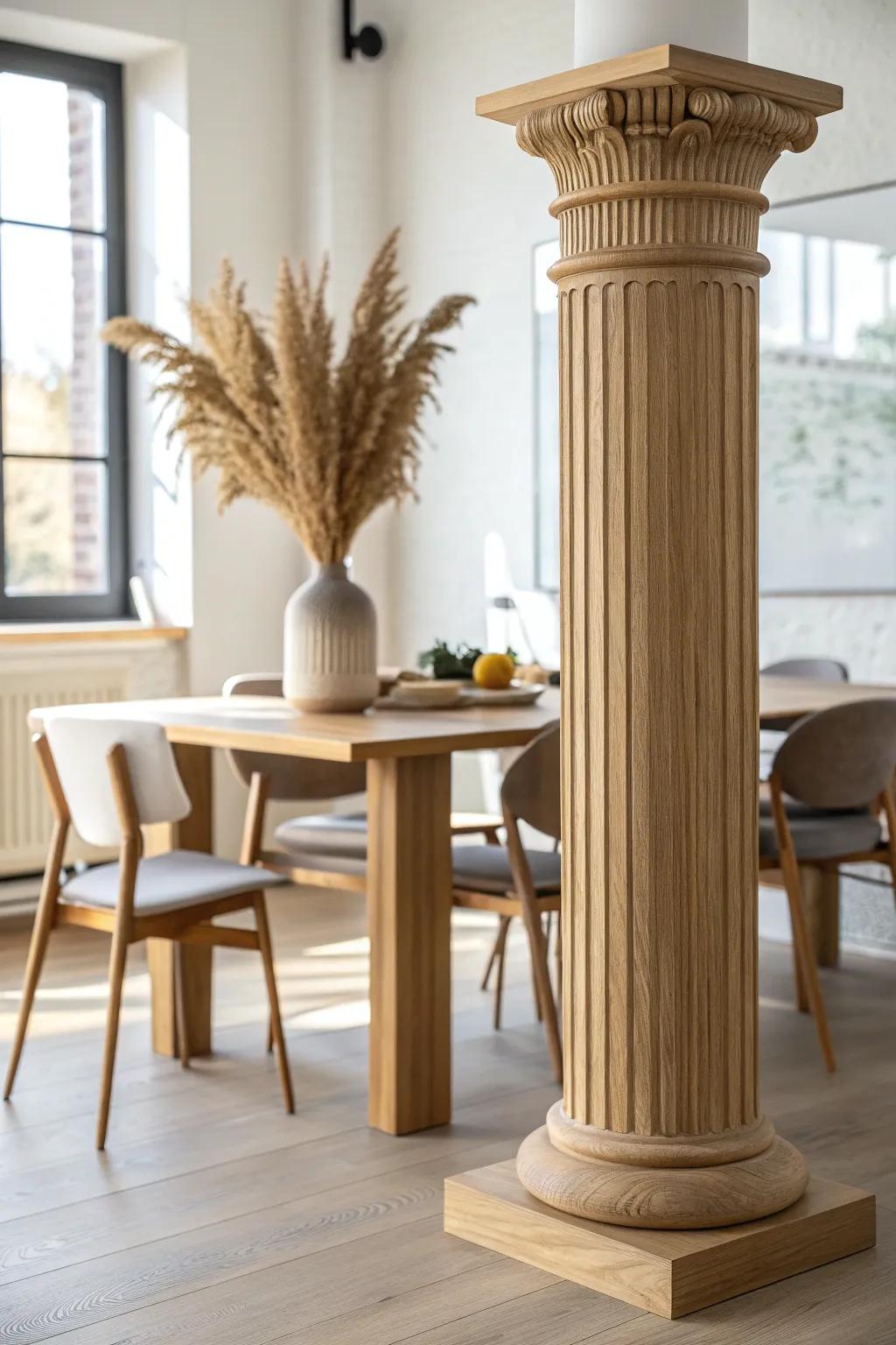 A pair of wooden columns can frame the dining zone—open, airy, and beautifully defined.