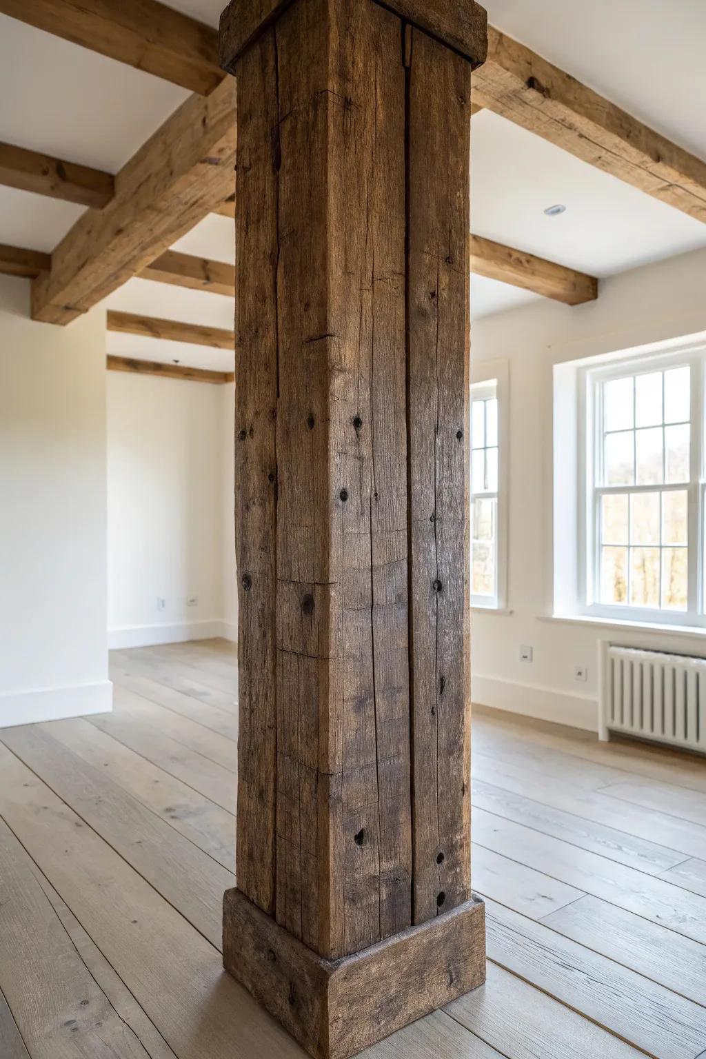 DIY reclaimed beam column wrap: chunky timber texture that warms up minimalist rooms.