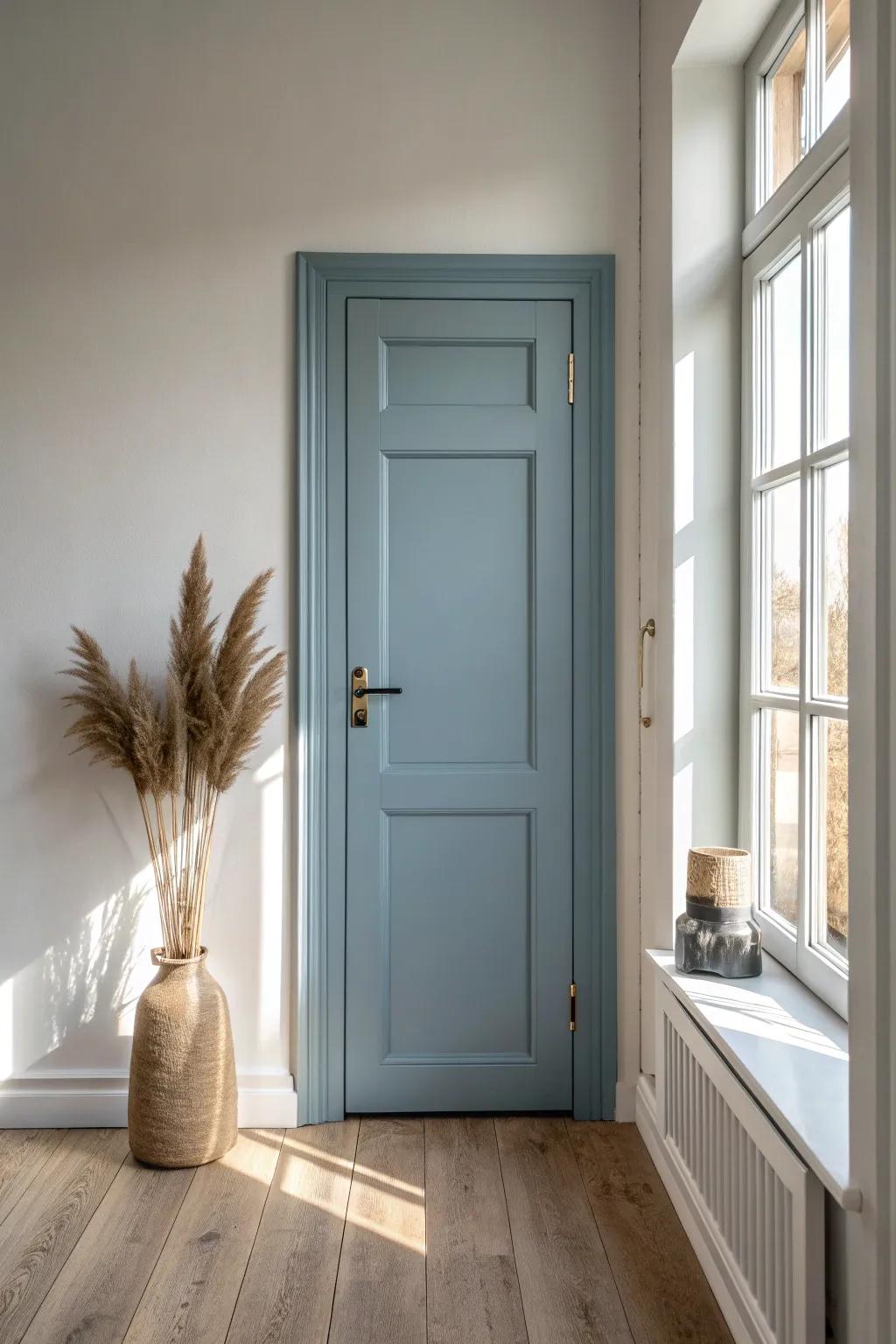 Dusty blue door + soft white trim for an airy, cottage-calm contrast that still feels finished.