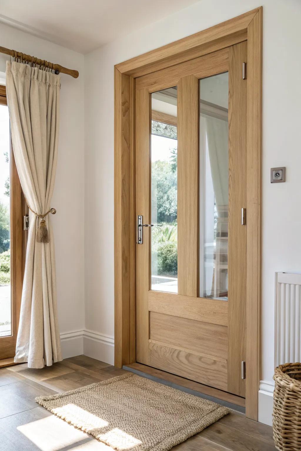 Single French door in light oak—airy pantry entry that brightens tight spaces beautifully.
