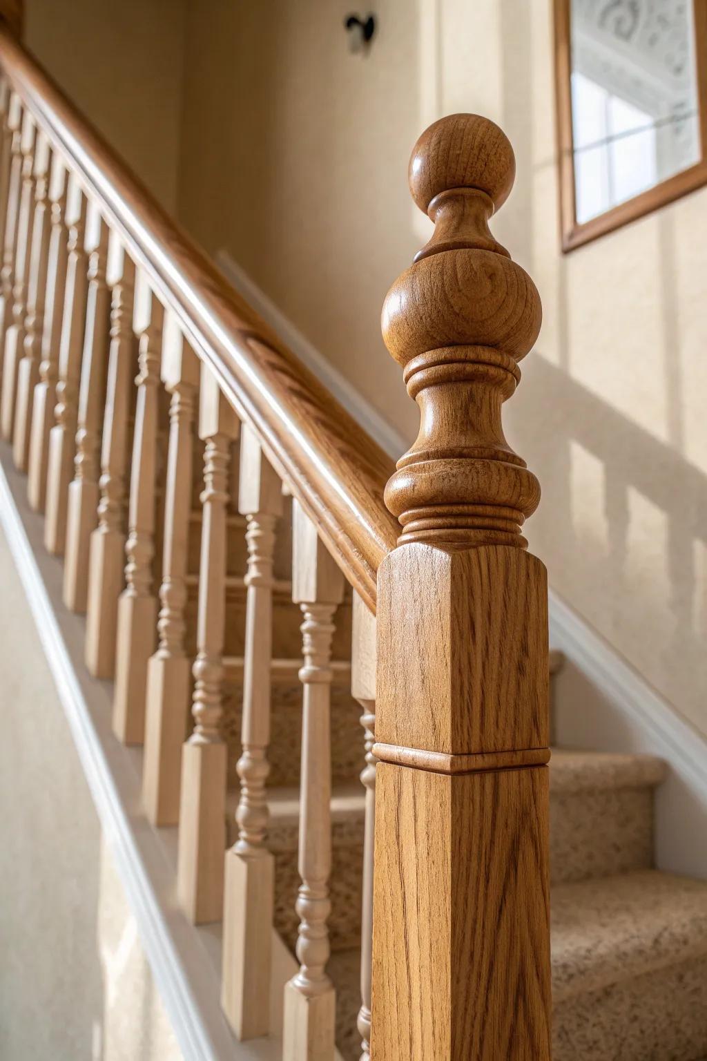 Classic turned wood spindle in a soft stain—traditional charm with a light, modern feel.
