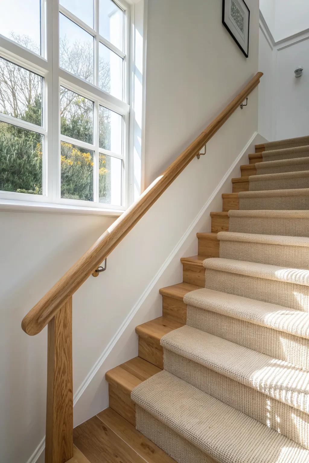 A seamless handrail that continues across the landing—clean lines, comfy grip, crafted in oak.
