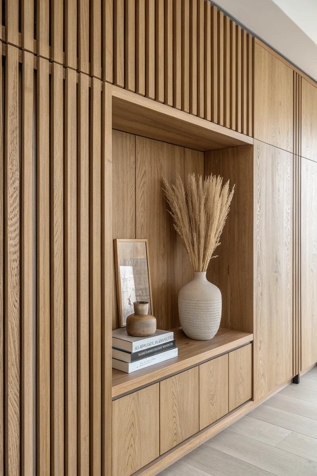 Built-in shelf niche framed by oak slats—functional, seamless, and beautifully minimal.