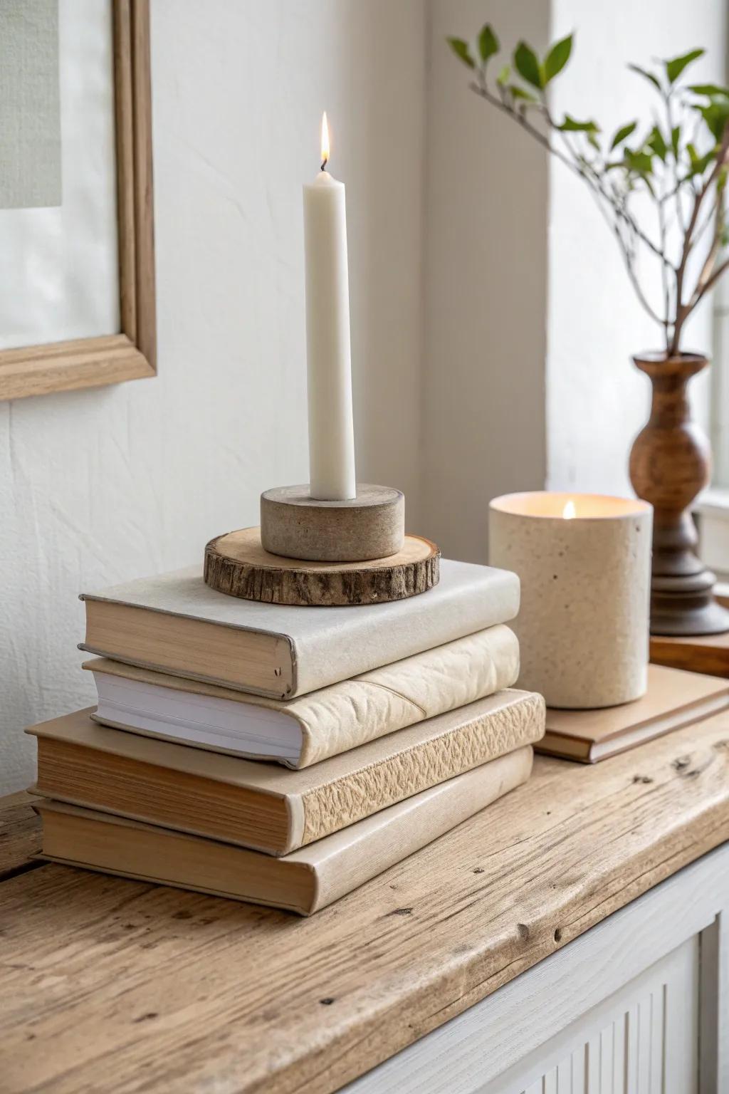 Neutral vintage books + a wood slice riser—simple January mantel height with cozy contrast.