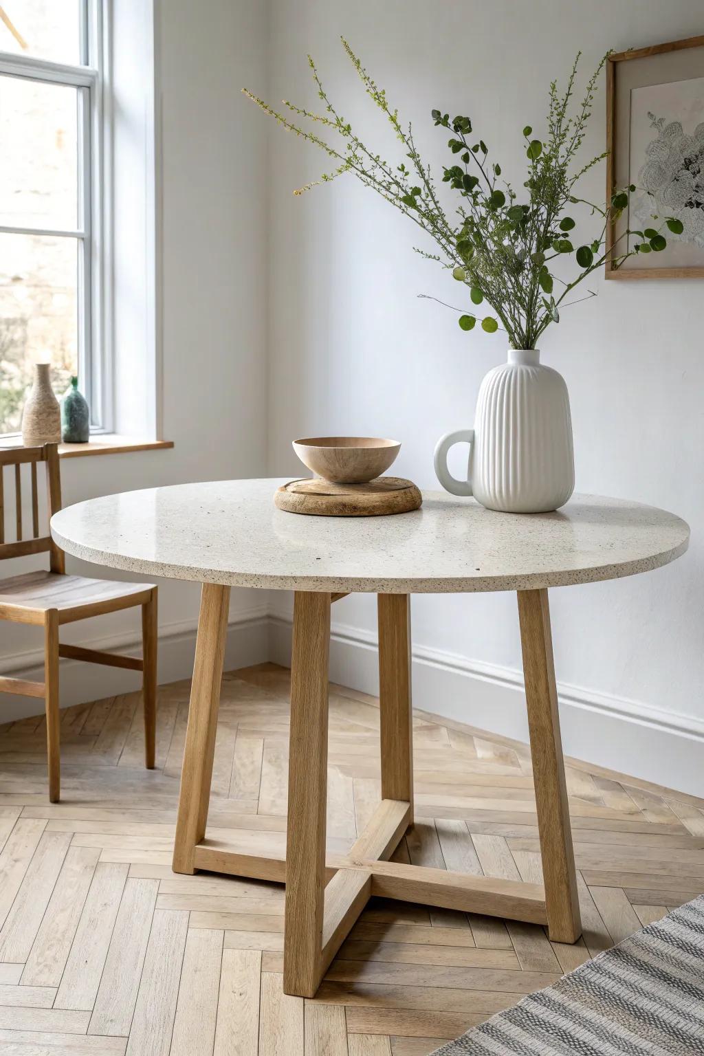 A pale wood base with a stone-look top—Japandi polish that stays calm, warm, and minimal.