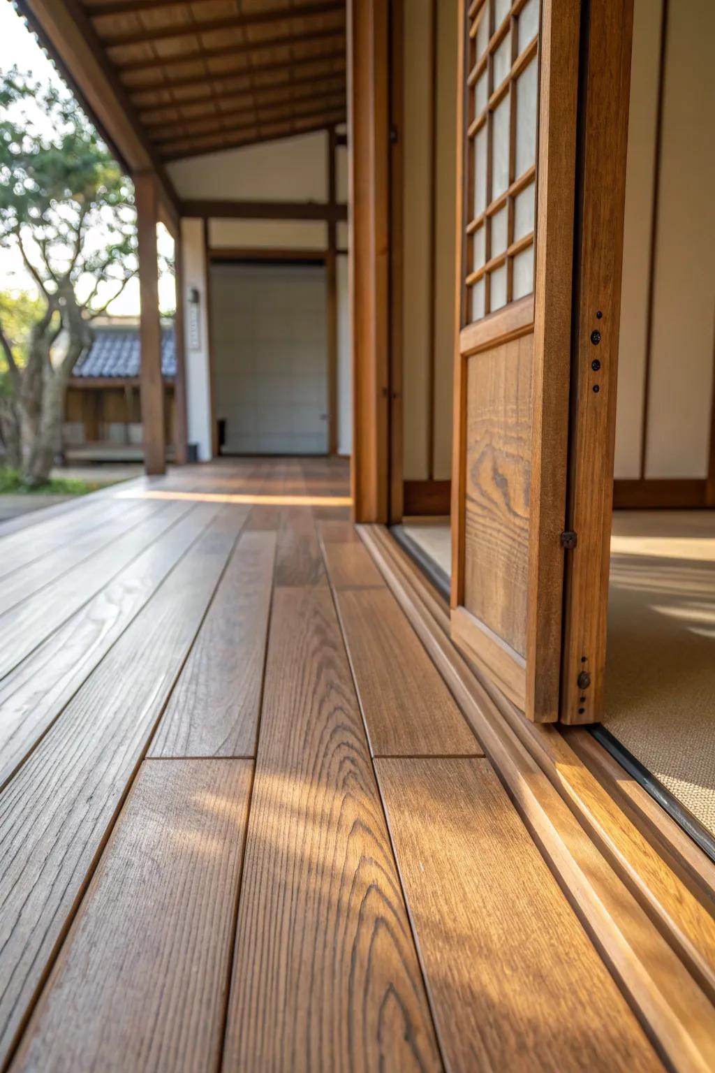 A seamless wood threshold that carries the same warm tone from room to garden deck.