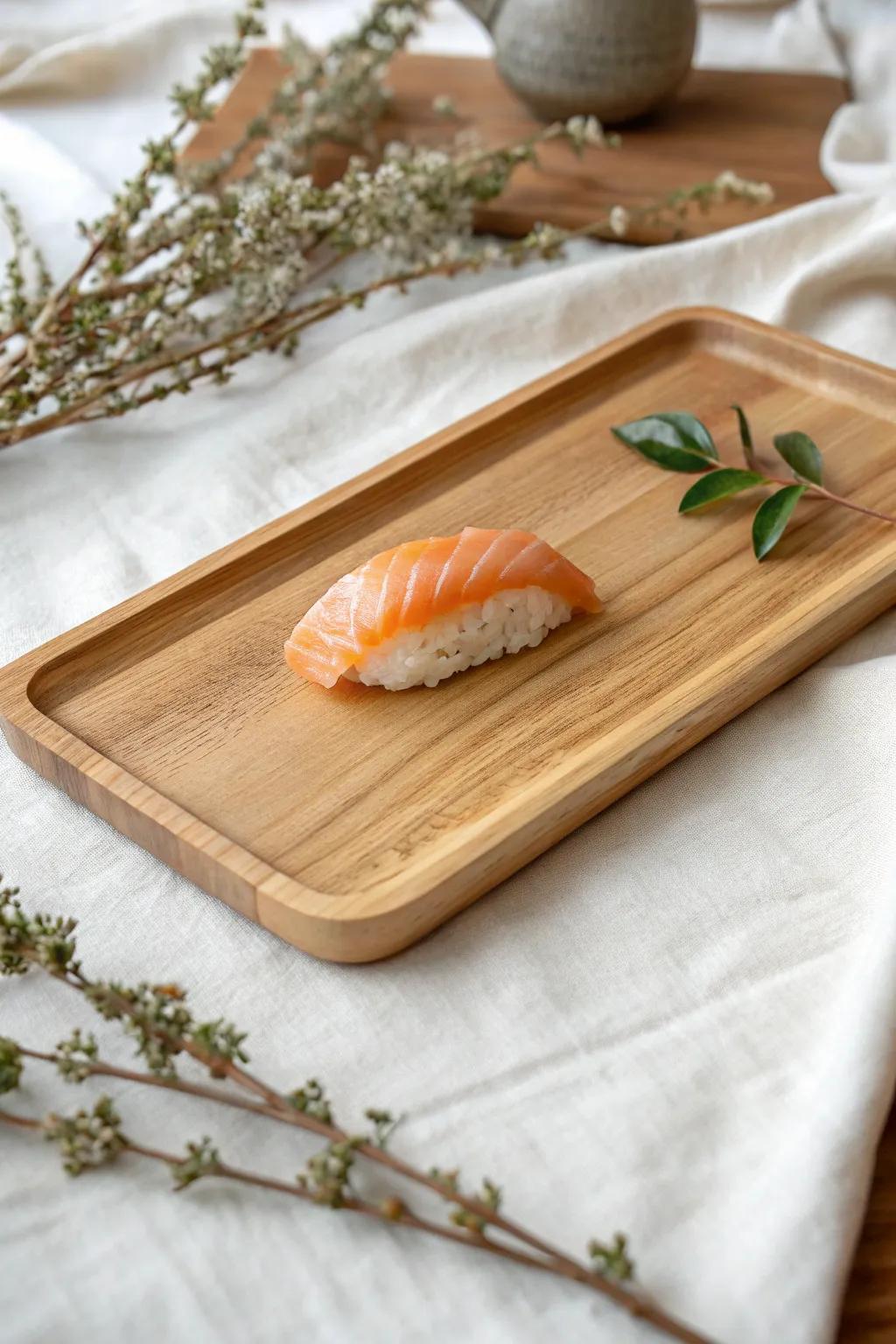 A handcrafted rectangular wood plate creates effortless Japanese table-setting calm.