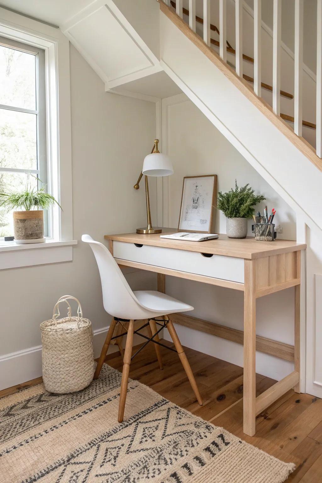 Transform the space under the stairs into a magical study nook for your child – where creativity meets simplicity.