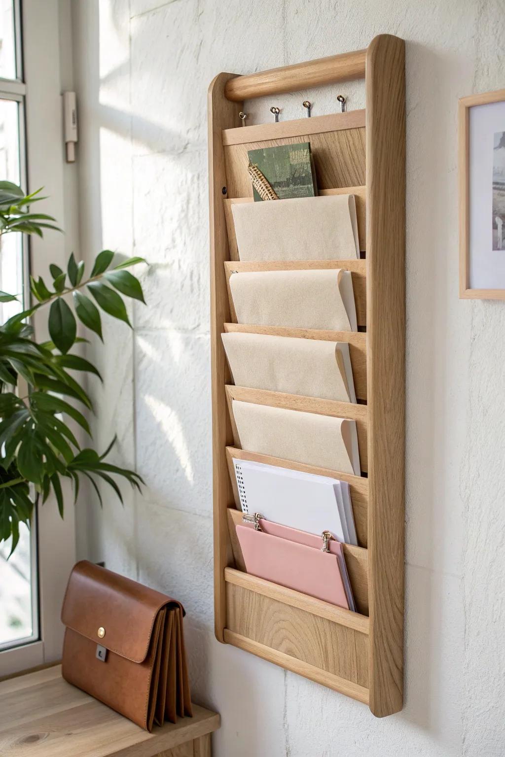 A minimalist oak file rail that turns homework papers into an easy, tidy daily reset.