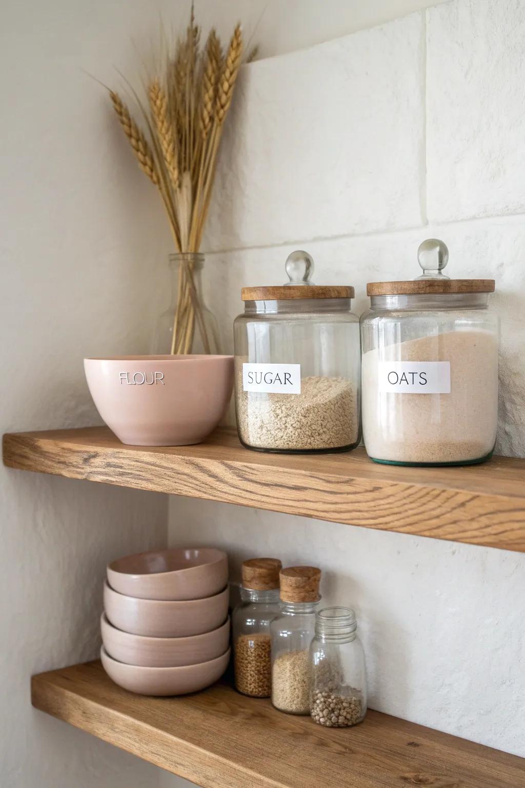 Thick floating wood shelves make bowls and ingredient jars look tidy, warm, and intentional.