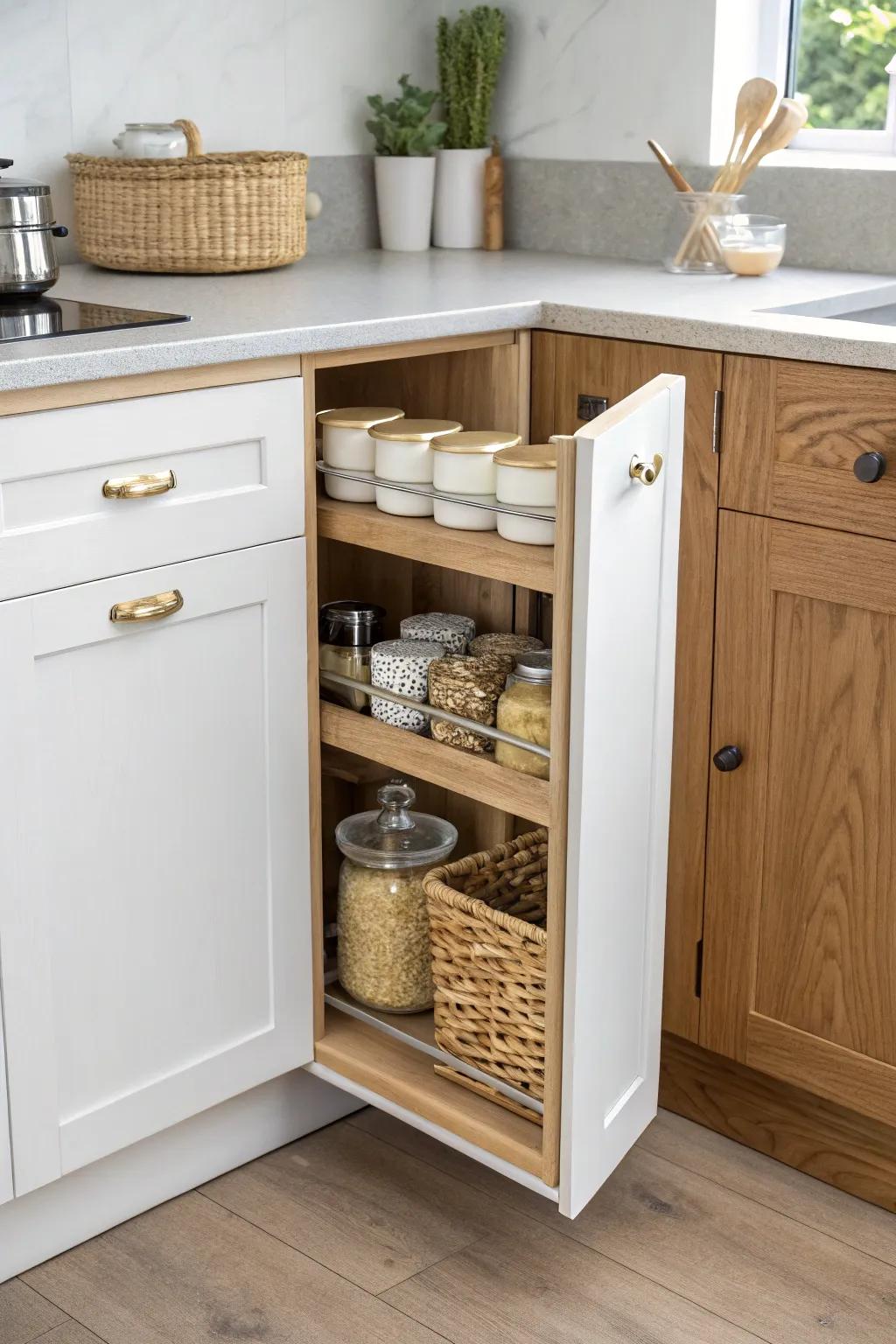 A corner built-in with swing-out shelves—beautiful, reachable storage that ends the “black hole” cabinet.