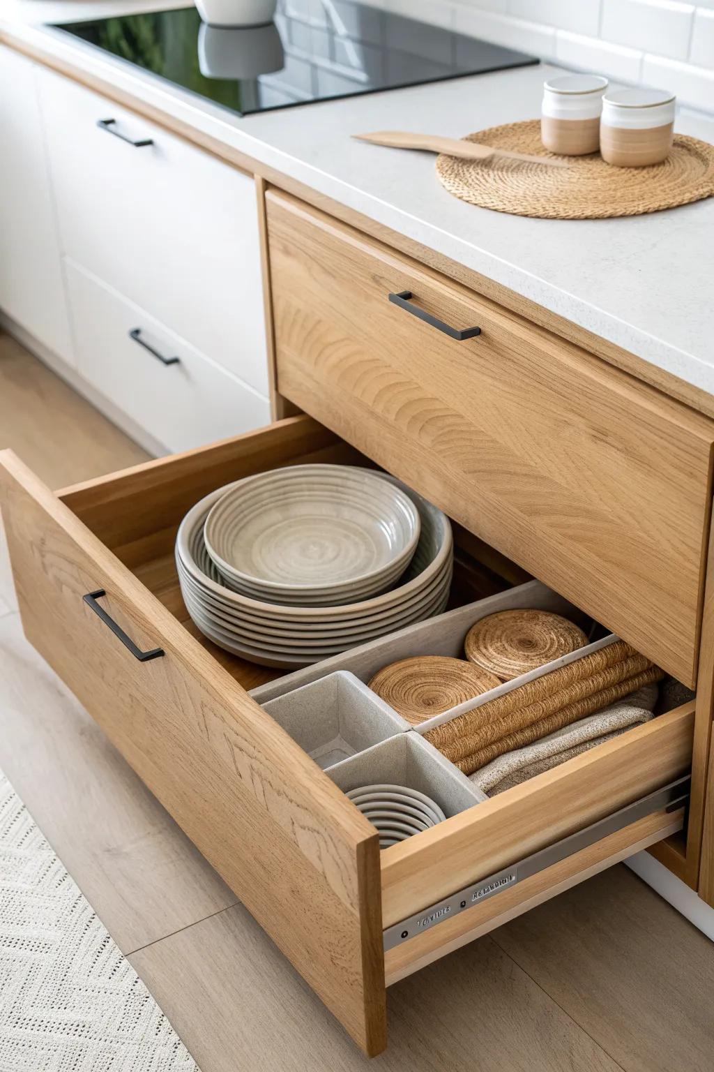 A hidden toe-kick drawer turns wasted cabinet space into sleek storage for pans and placemats.