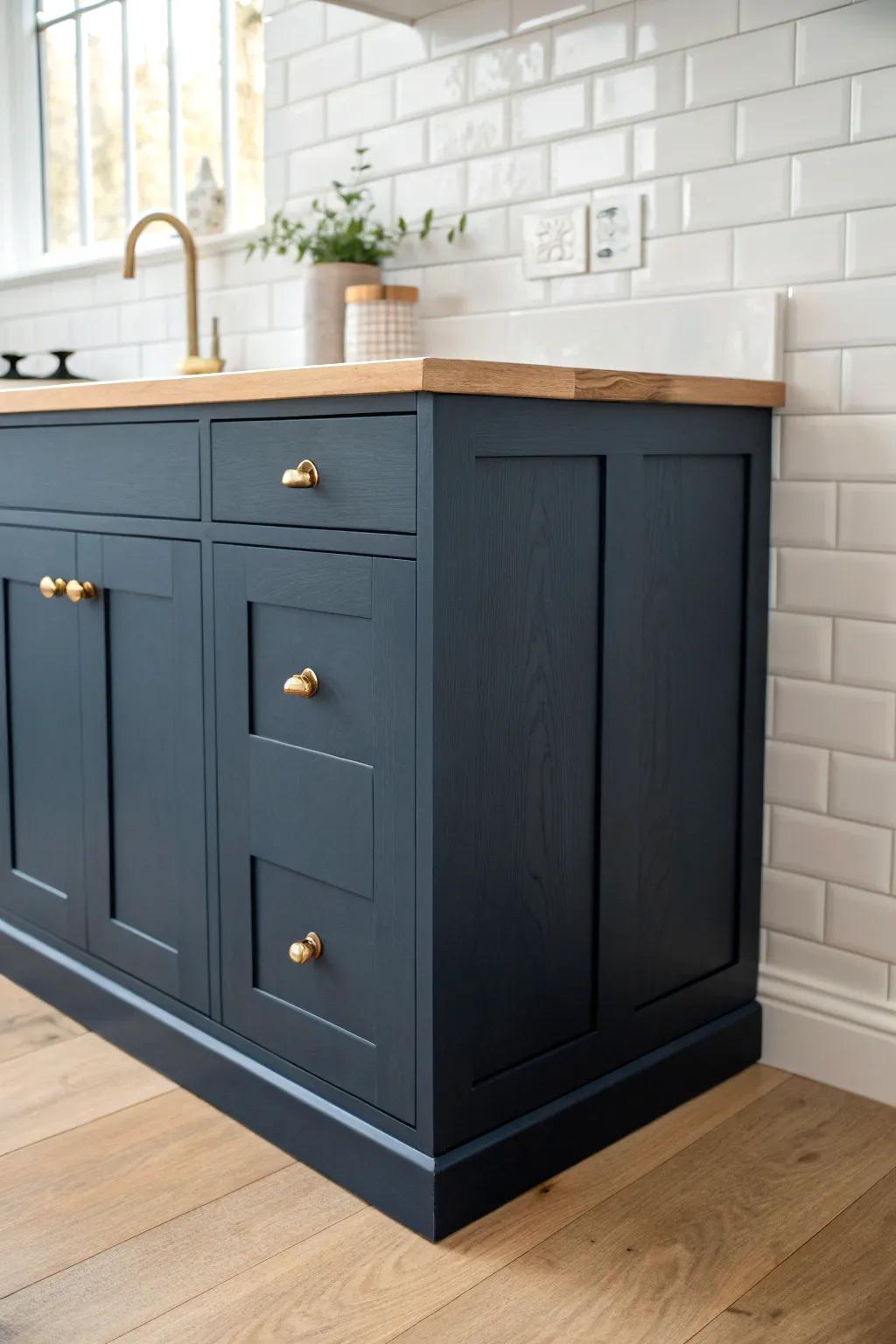Navy cabinets add tailored depth—perfect contrast against white tile for a custom, crisp look.