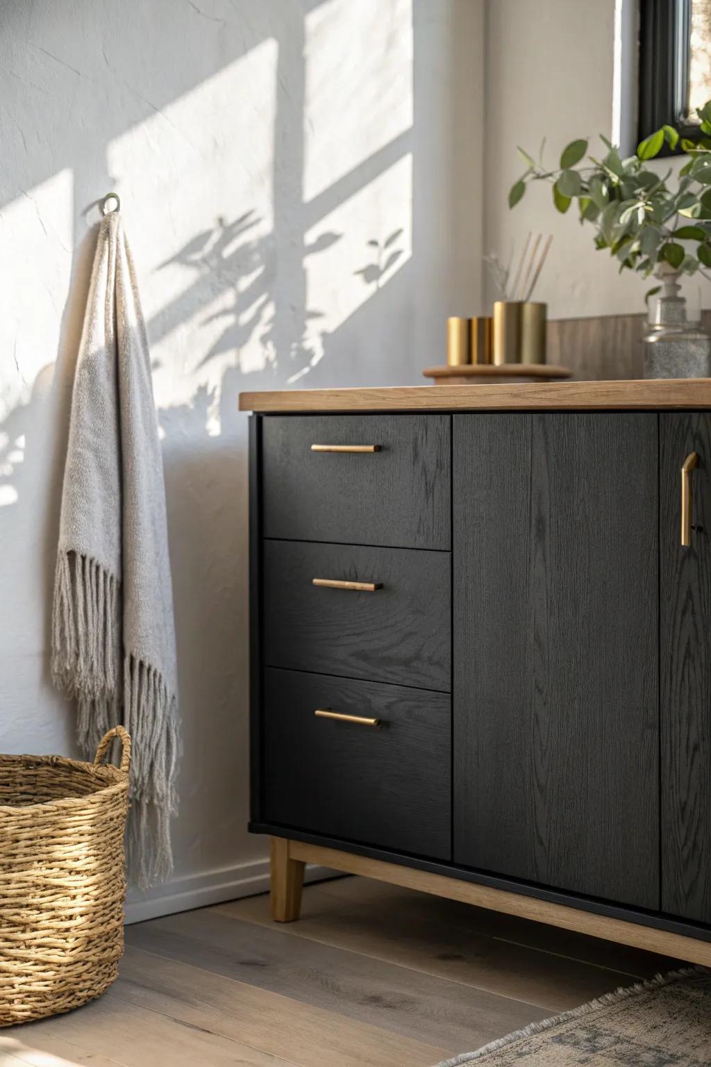 Moody matte-black cabinet front with brass pull—sleek contrast that makes small kitchens feel bold.