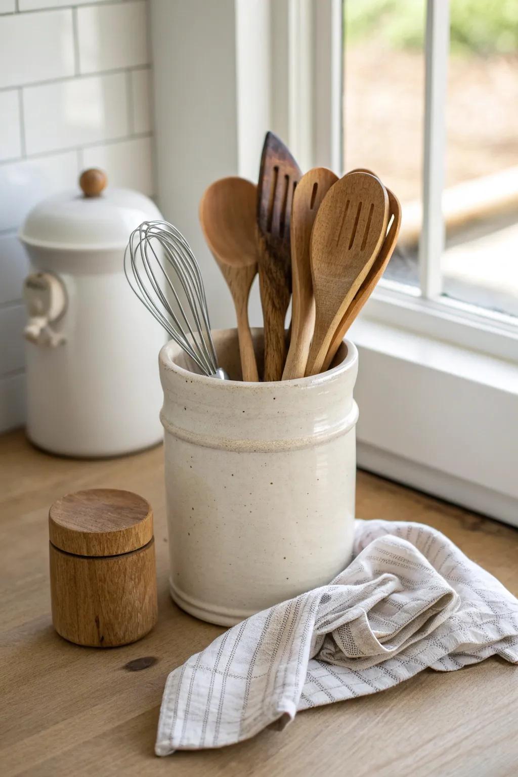 Two crocks, all charm—thrifted texture meets clean minimal style with warm wooden utensils.