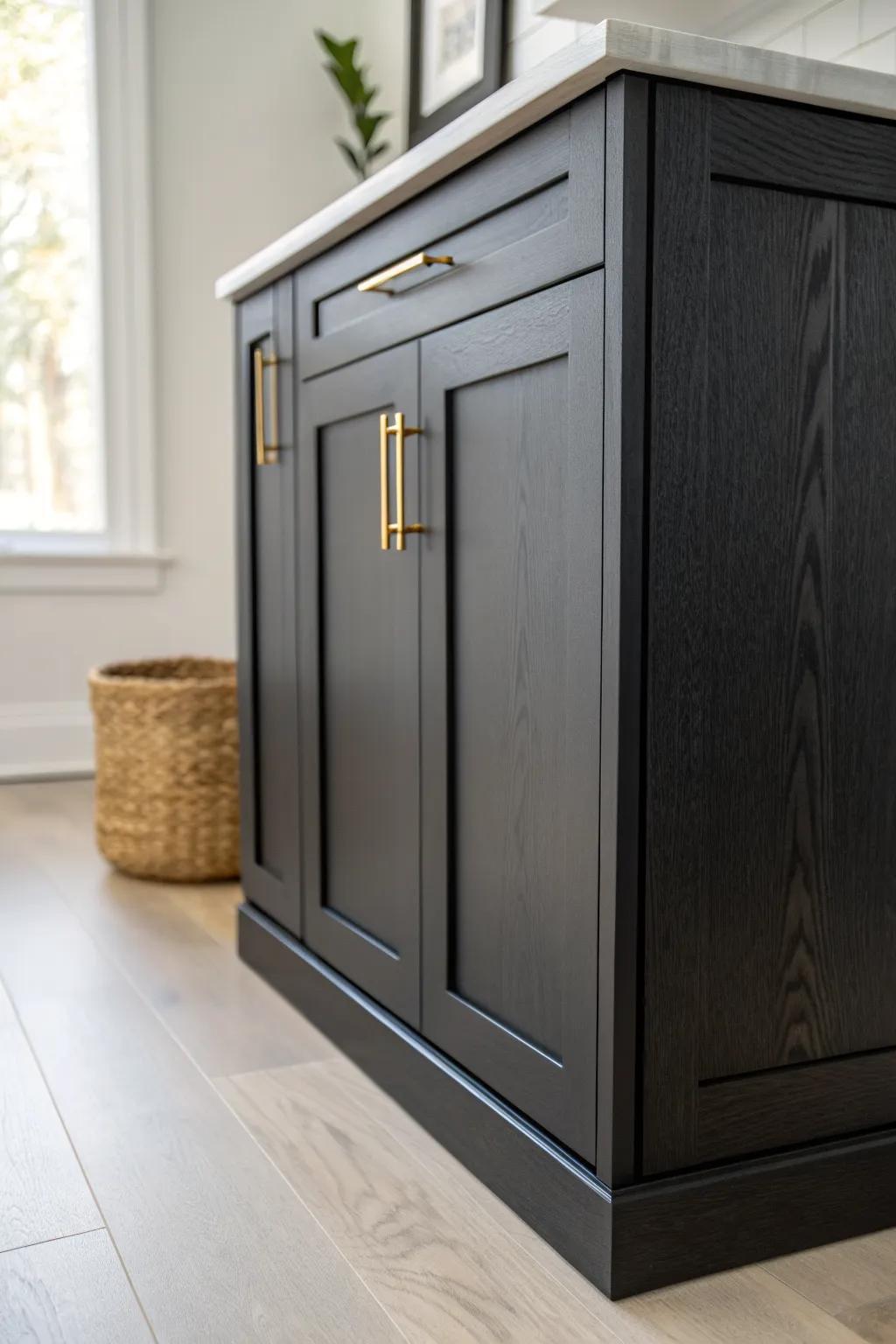 Matte black cabinetry meets light oak floors—bold contrast with calm Scandinavian warmth.