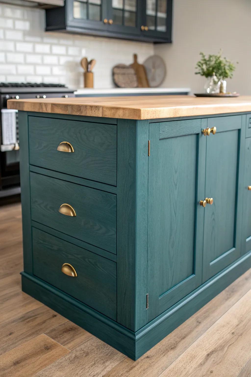 Deep teal island steals the show beside dark cabinets—balanced with warm wood accents.