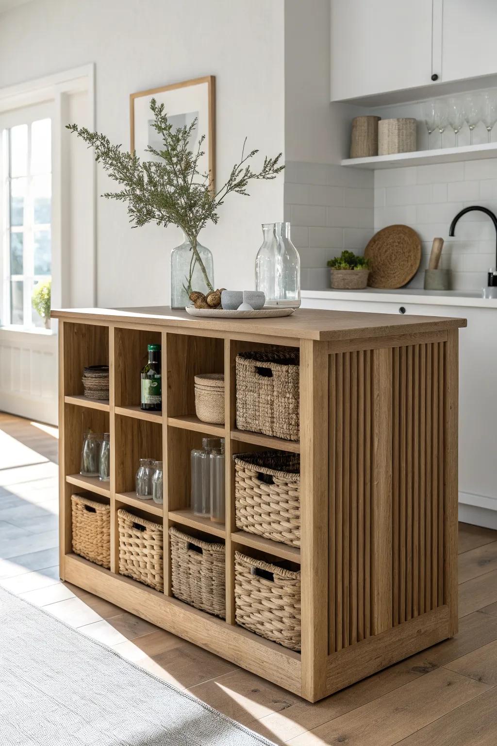 Built-in oak cubby grid—pretty storage for woven baskets and special bottles on your island.