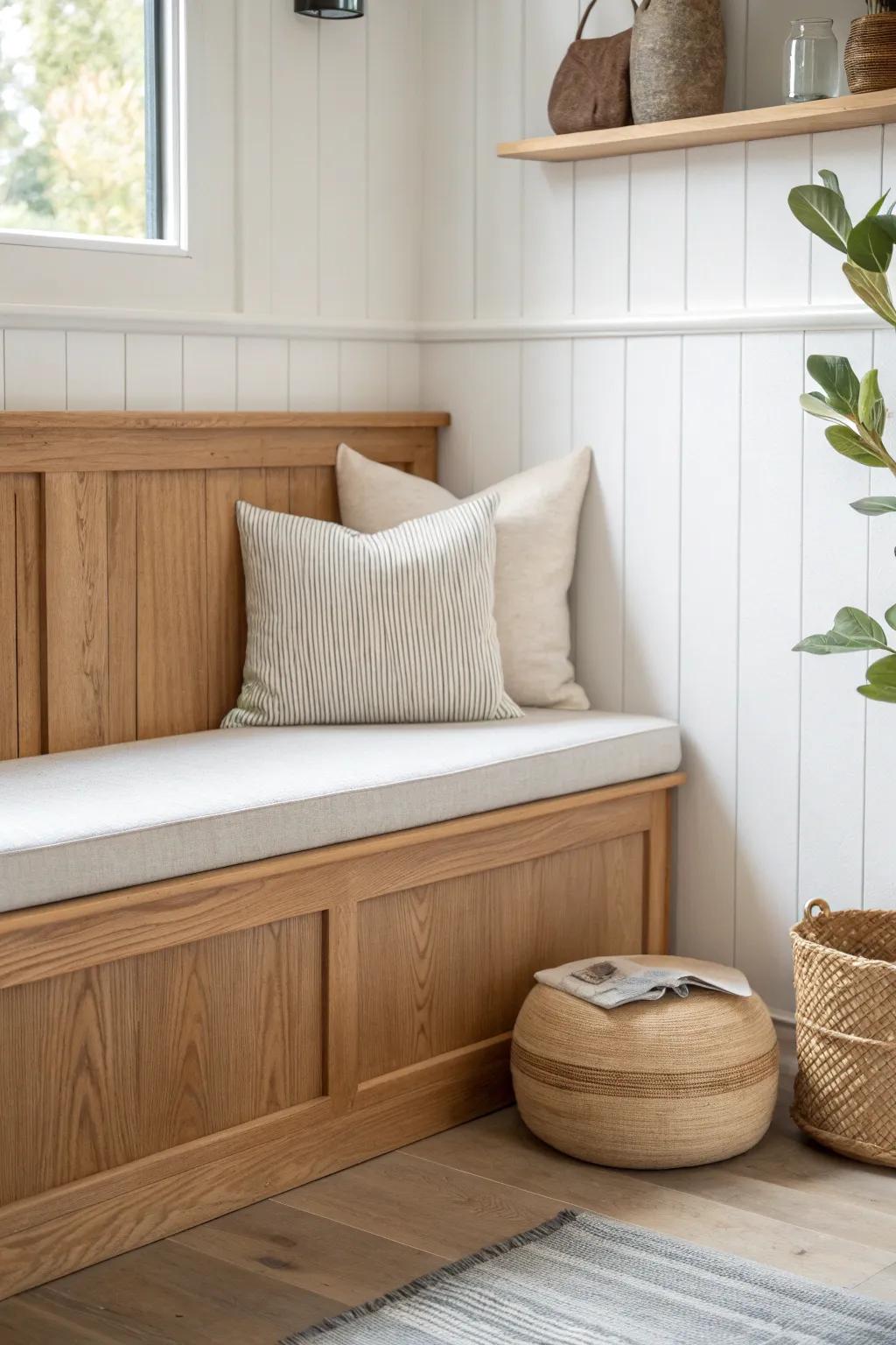 A shiplap or wainscoting back wall makes any breakfast nook feel custom-built and cozy.