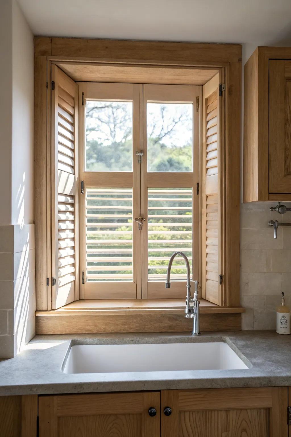 Recessed wood shutters that sit back in deep nooks—more space, calmer light, clean lines.