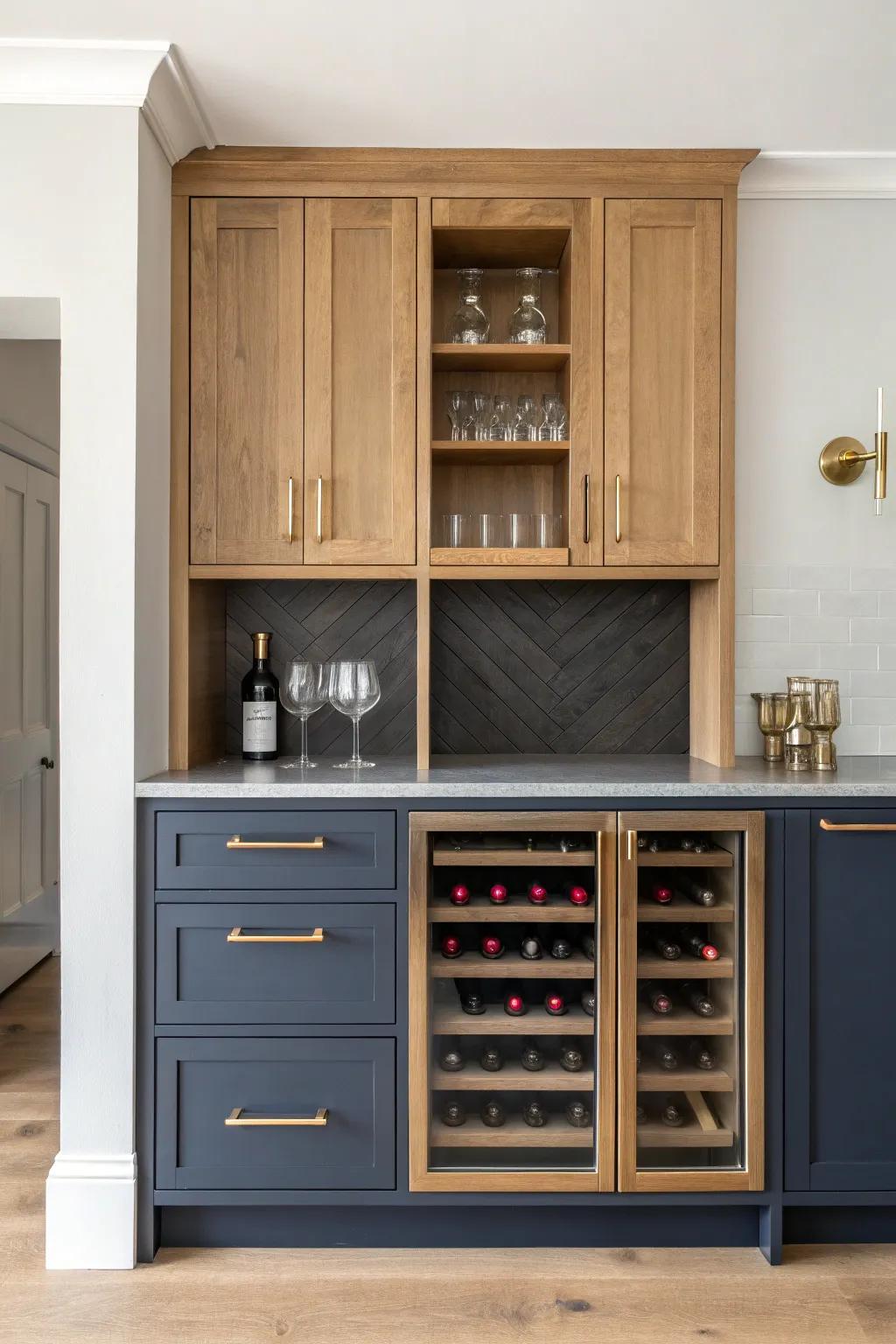 Two-tone wine bar cabinets: dark lowers + light oak accents for a defined, luxe zone.