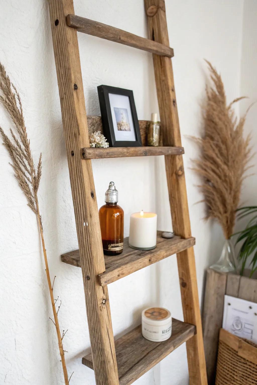 Reclaimed ladder rung shelf—simple, collected charm for tiny candles, bottles, and photos.