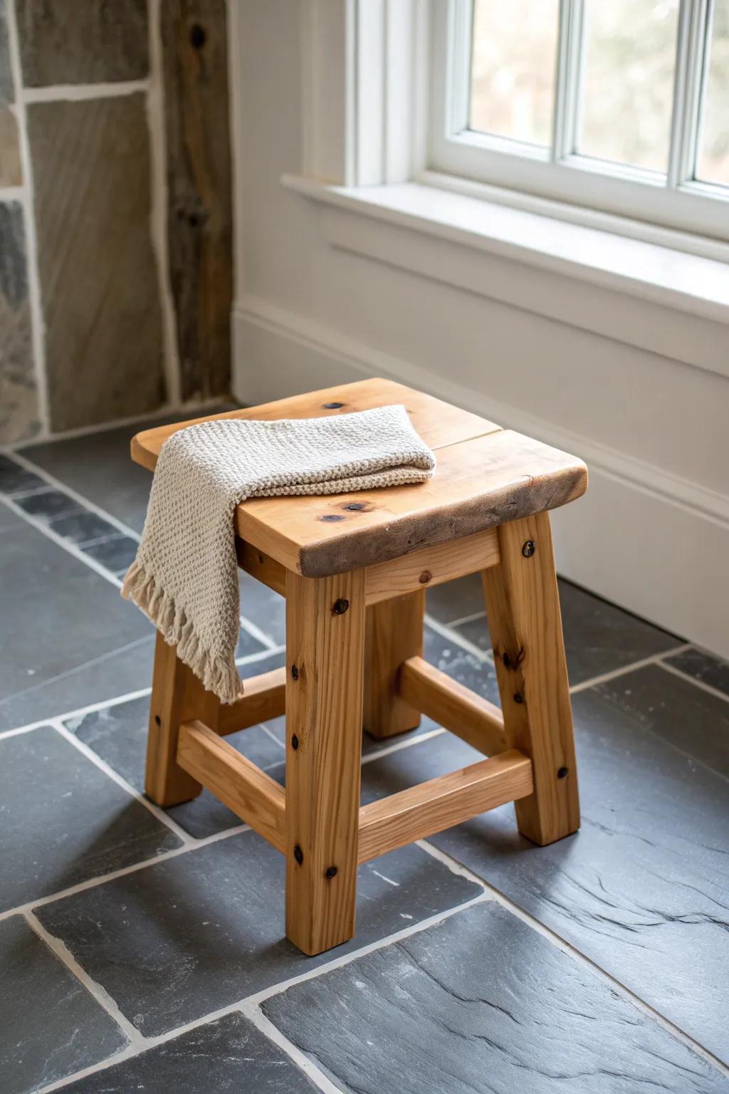 Knotty pine warmth meets slate-tone tile—an easy way to ground wood and keep it fresh.