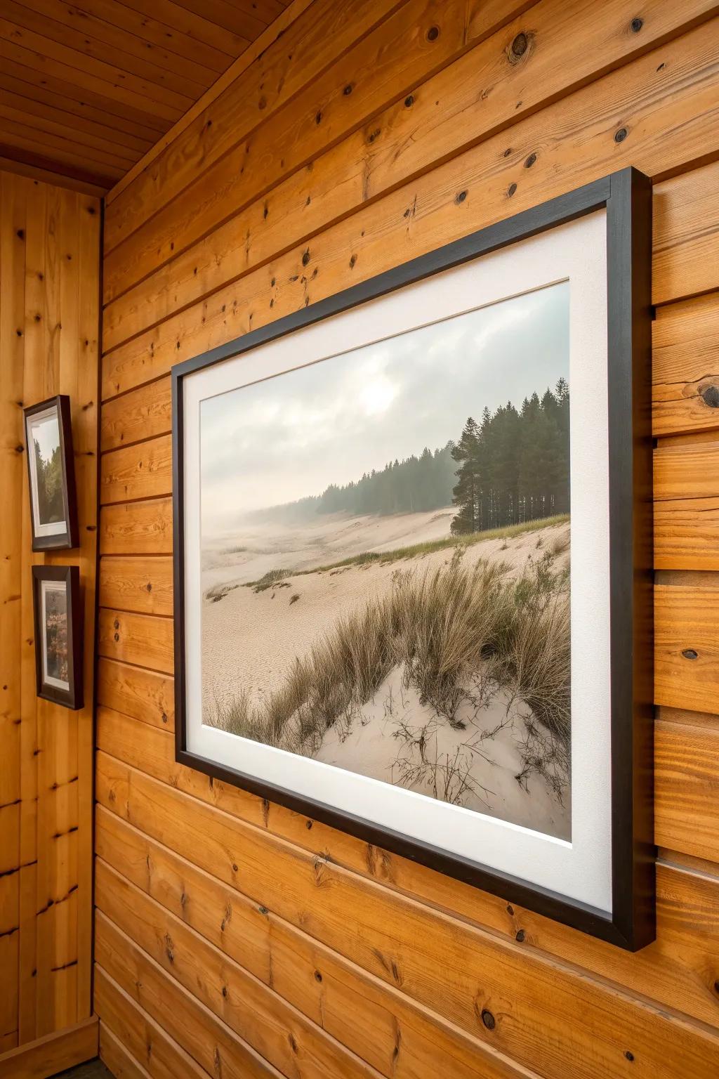 One oversized landscape print brings calm contrast to a knotty pine wall—minimal, airy, serene.