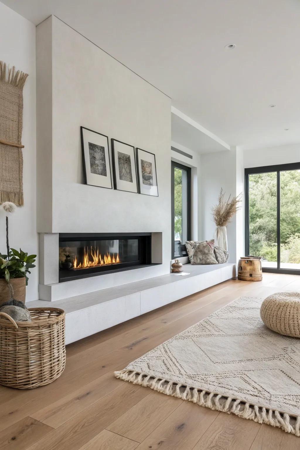 Sleek low-profile linear L fireplace—modern corner flame, warm contrast, and clean oak details.