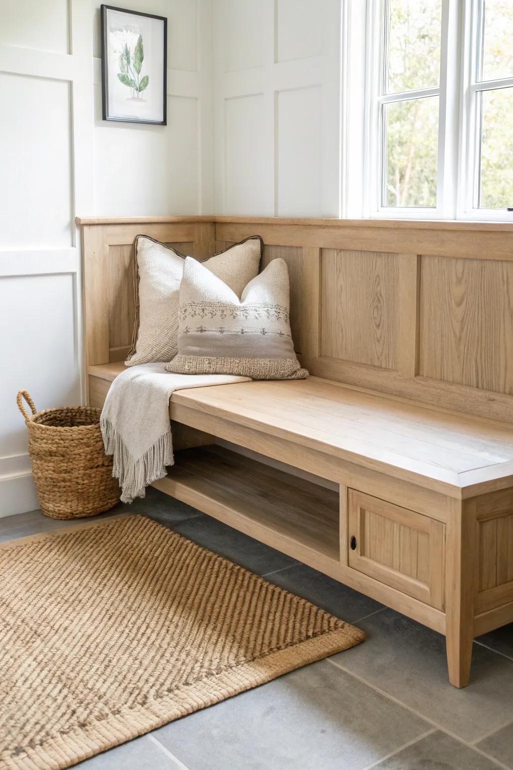 A cozy L-shaped corner bench with a linen cushion—warm oak craftsmanship for mudroom calm.