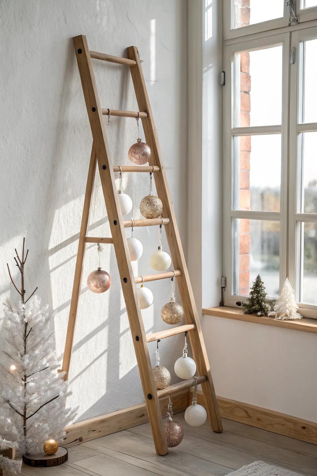 A floating ornament ladder tree in light oak—minimal, magical, and effortlessly Scandinavian.