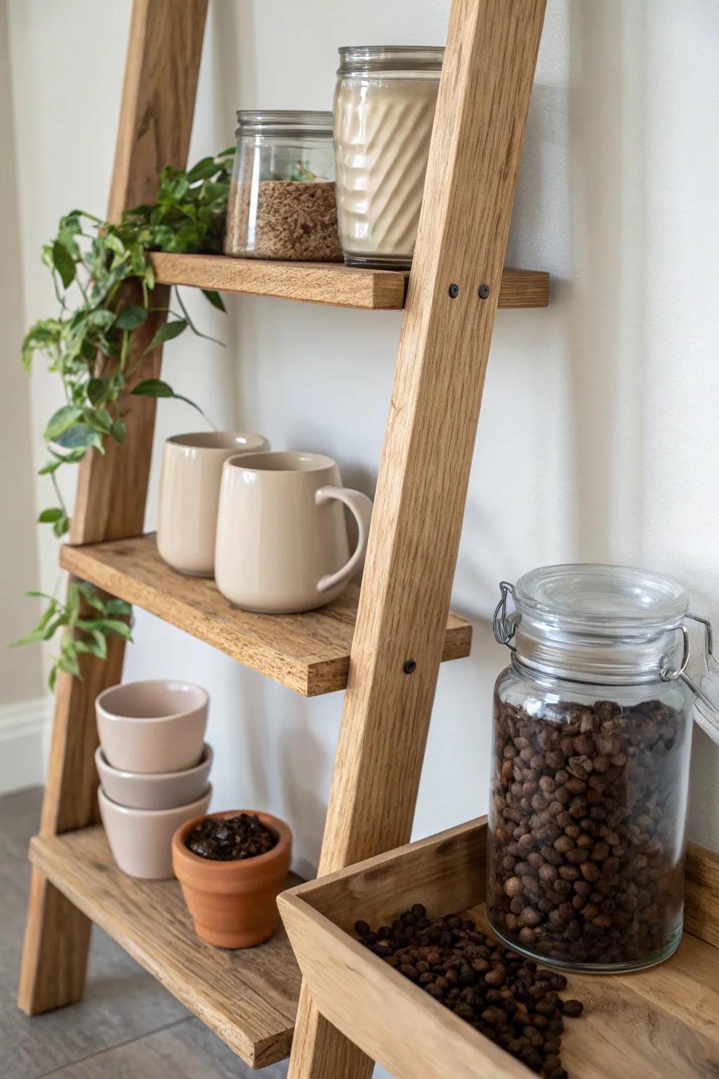 A cozy ladder-shelf coffee corner: mugs, beans, and a tiny plant—simple, warm, and tidy.